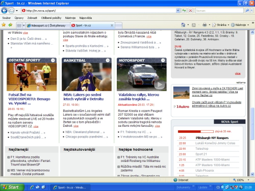 Upoutávka na internetových stránkách TV Nova sport