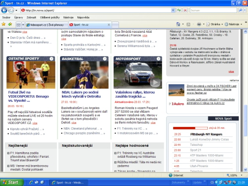 Upoutávka na internetových stránkách TV Nova sport